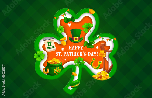 Happy St Patrick s day paper cut shamrock clover shape greeting card. Cartoon pot with golden coins, leprechaun hat, luck horseshoe, macaroon, bow tie, calendar, harp, and cell on green background