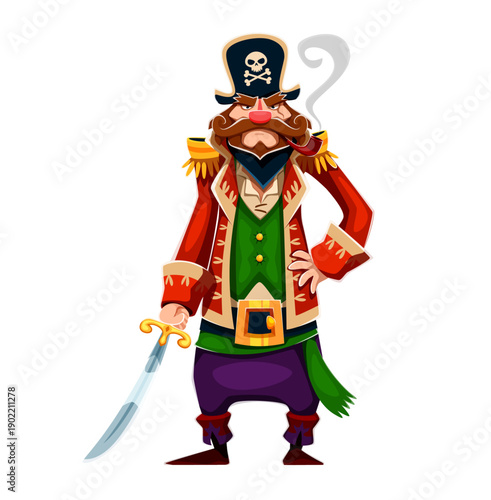 Cartoon pirate captain vector character holds a sharp curved sword and smoking pipe. Caribbean pirate character or corsair wearing red jacket with golden epaulettes, green shirt and purple trousers