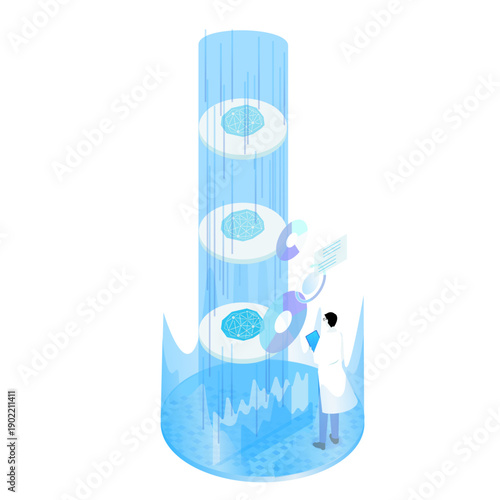 AI・ディープラーニングのデータ解析と研究者のアイソメトリックイラスト