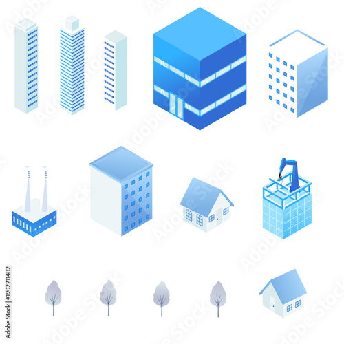 オフィスビル・住宅・研究所・建設現場のアイソメトリック建物セット