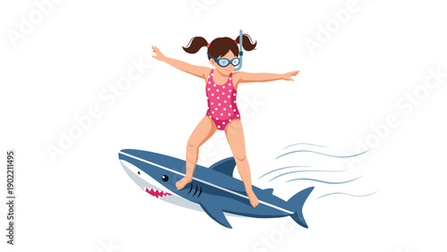 Adventurous young girl with goggles confidently surfing on a shark-shaped surfboard, playfully riding waves and embodying summer fun and bold ocean activities.