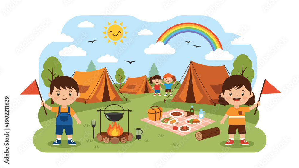 Naklejka premium Delightful cartoon illustration of a lively family camping scene with children, tents, a campfire, picnic spread, and a rainbow in the sky.