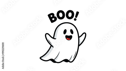 Adorable cartoon illustration of a friendly ghost floating happily with the word "BOO!" next to it, perfect for Halloween greetings.