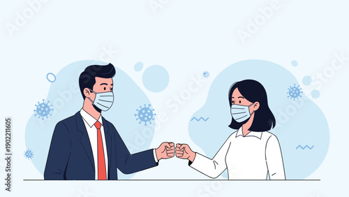 Contemporary illustration of diverse business people wearing face masks and performing a fist bump, symbolizing safe greetings and collaboration during a pandemic.