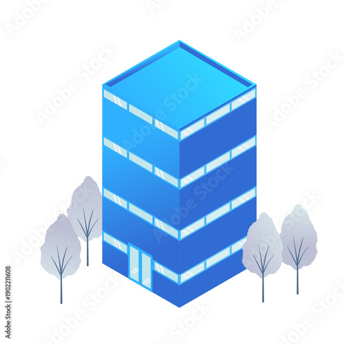 青を基調とした近代的なオフィスビル・研究所のアイソメトリックイラスト