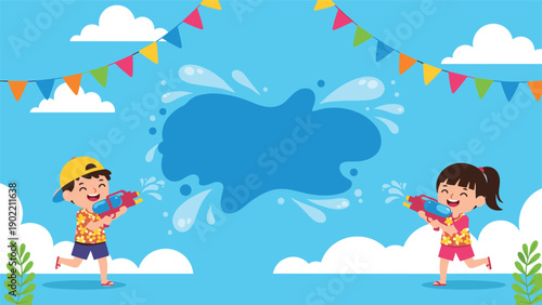 Dynamic illustration of a boy and girl happily playing with water guns, creating splashes during the festive Songkran celebration against a blue sky.