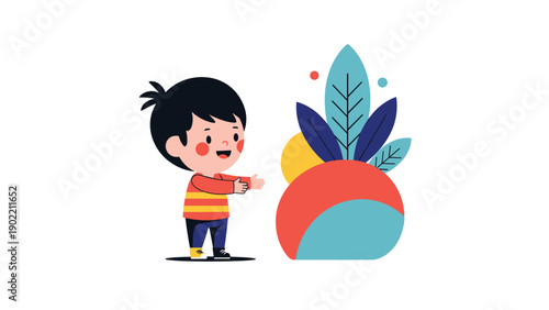 Adorable cartoon illustration of a happy boy reaching out towards a vibrant, abstract plant design, symbolizing curiosity and connection with nature.