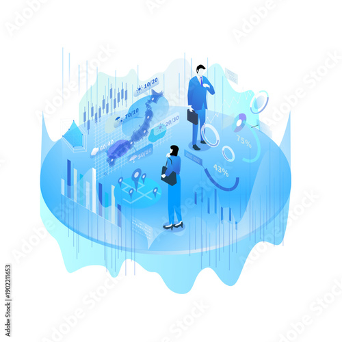 日本地図のビッグデータ可視化と市場分析を行うビジネスパーソンのイラスト
