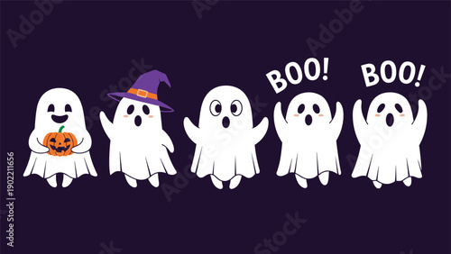 Adorable collection of cute cartoon ghosts in various poses, including some saying "BOO!", perfect for Halloween greetings and celebrations.