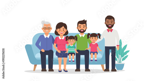 Warm illustration of a happy multi-generational family sitting together on a blue couch, depicting family bonds, togetherness, and happiness.