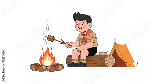 Charming cartoon illustration of a happy boy scout sitting on a log, roasting marshmallows over a warm campfire next to his tent.
