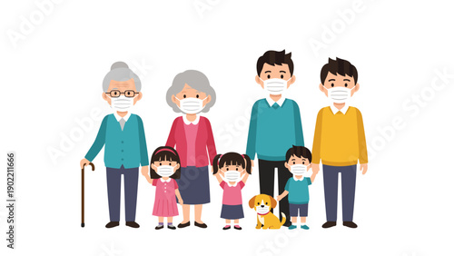 Warm illustration of a happy multi-generational family wearing face masks, emphasizing health, safety, and togetherness during a pandemic.