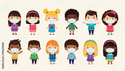 Diverse collection of cartoon children wearing face masks, highlighting the importance of health and safety during a pandemic or flu season.