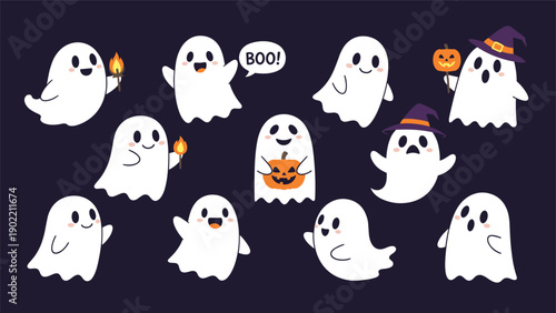 Adorable collection of cute cartoon ghosts in various playful poses, some with pumpkins and witch hats, perfect for Halloween fun.