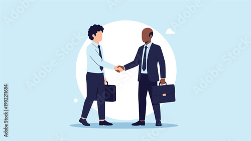 Professional illustration of two diverse businessmen in suits shaking hands, representing a successful business deal, partnership, or collaboration.