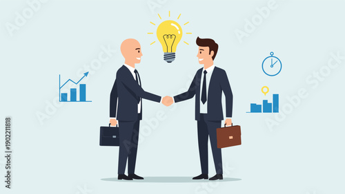 Two professional businessmen in dark suits shaking hands, symbolizing successful partnership, innovative ideas, and business growth, surrounded by corporate elements.