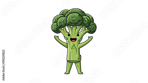 Adorable, cheerful broccoli character with a wide smile and outstretched arms, promoting healthy eating and a positive attitude towards vegetables in a fun way.