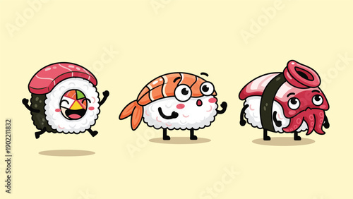 Three delightful kawaii-style sushi characters, including a cheerful maki roll, a playful shrimp nigiri, and a surprised octopus nigiri, promoting Japanese cuisine.