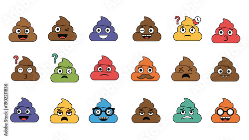 Diverse collection of colorful poop emojis, each featuring unique facial expressions, ranging from happy to confused, for playful and humorous digital communication.