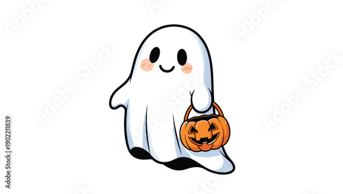 Adorable cartoon ghost with a sweet smile happily carrying a carved jack-o-lantern trick-or-treat bucket, perfect for a friendly and cute Halloween design.