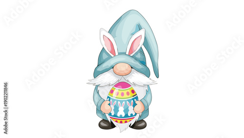 Adorable Easter gnome with fluffy white beard and bunny ears, happily holding a brightly decorated Easter egg, embodying festive charm and holiday spirit.