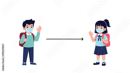 Two masked children, a boy and a girl, practicing social distancing in a school setting, demonstrating safety measures and new norms for education during a pandemic.