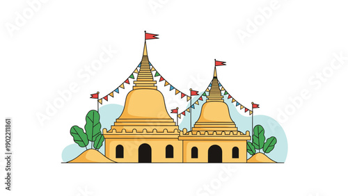 Two magnificent golden pagodas adorned with colorful festive flags, embodying traditional Asian architecture and spiritual celebration, standing proudly under a clear sky.