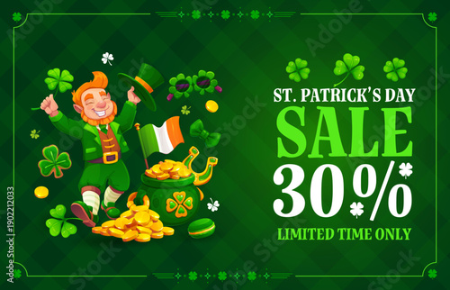 Happy St Patrick day holiday sale banner with happy funny leprechaun, vector banner. Saint Patrick day and Irish holiday sale banner for discount promo or store promotion offer with shamrock clovers