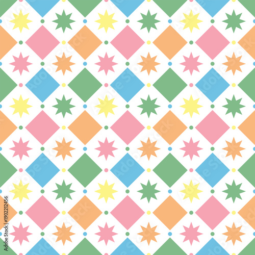 Seamless vector geometric color pattern with blue, green, yellow, and pink stars on a checkerboard