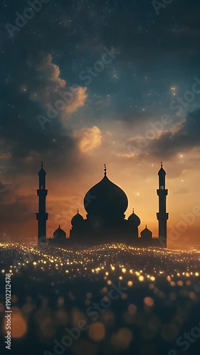 Wallpaper Mural Majestic mosque silhouette at dusk with glowing lights and vibrant sky Torontodigital.ca