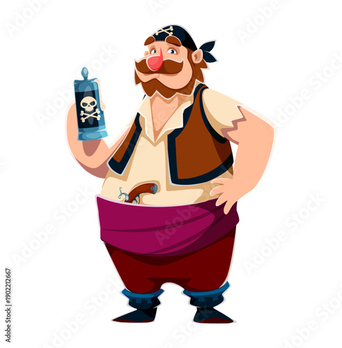 Cartoon chubby pirate vector character. Corsair bearded man with red trousers, cream shirt and purple sash holds a large beer tankard with a skull and crossbones. Pirate with red nose for kids party