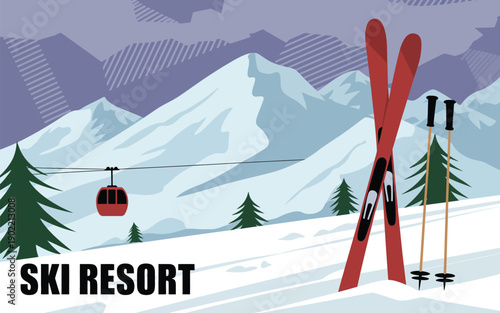 Snowy Mountain Cable Car Poster, alpine scene, suspended cable car, dramatic mountain landscape