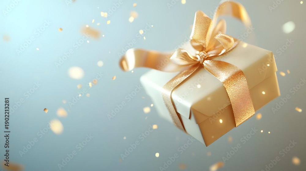 Fototapeta premium A beautifully wrapped gift box with a golden ribbon floating in mid-air surrounded by confetti