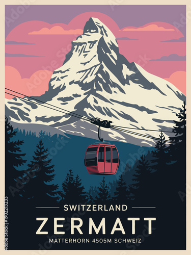 Matterhorn Cable Car Poster, snow-covered Matterhorn, sharp peak, red cable car gondola