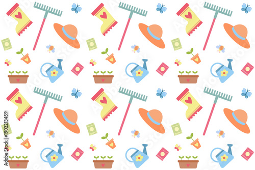 Seamless pattern with gardening tools on white background. Spring pattern with gardening instruments. Rake, shovel, watering can, flowers, flowerpots, gloves,rubber boots. Doodle flat style. Vector