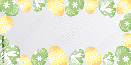 Decorative frame with green and yellow easter eggs  isolated on transparent background Happy Easter border.Spring icon. Flat design. Cute Easter eggs.Decorative element for Easter.Vector illustration.