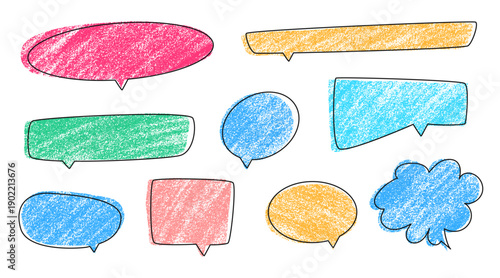 Colorful crayon speech bubbles set. Chalk textured talk and thought boxes. Hand drawn chat frames in doodle style. Pencil drawing clouds isolated on white. Vector elements for kids and school design.