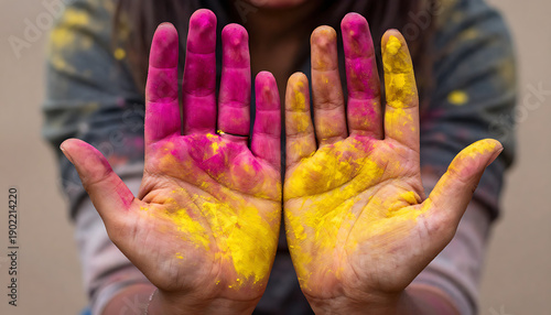 Holi Festival – Hands Covered in Blue and Pink Powder
