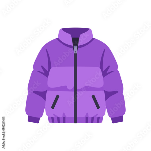purple puffer jacket, winter outerwear, zipper, colorful vector flat style illustration
