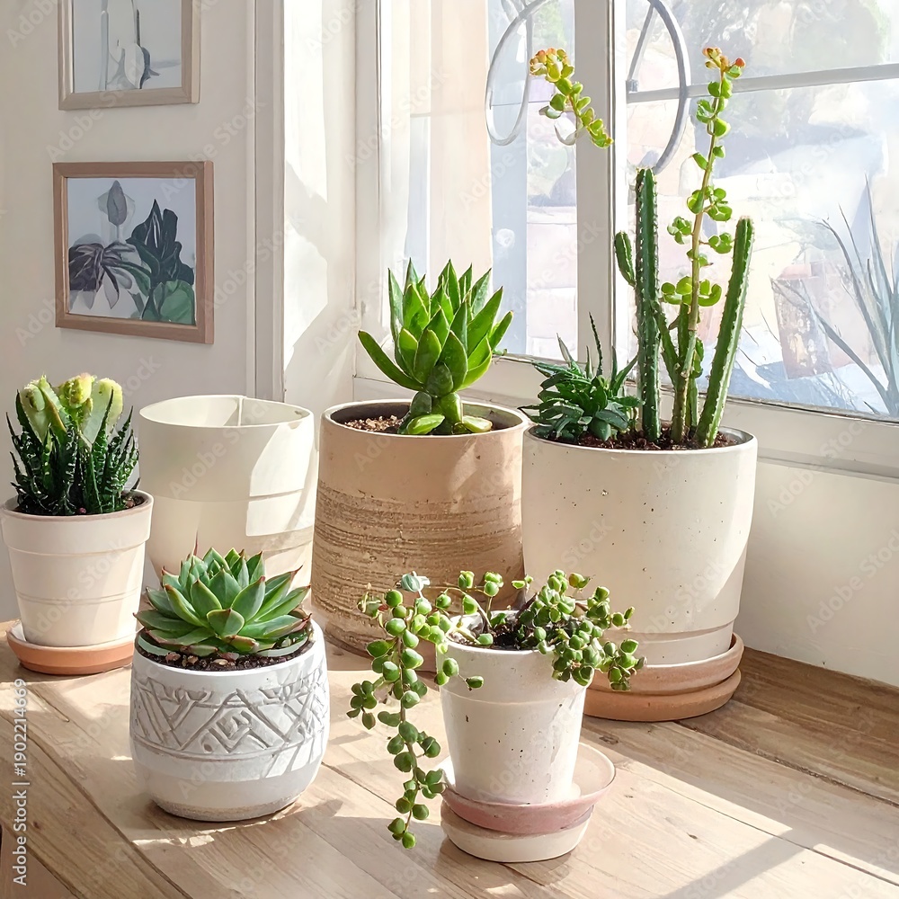 Fototapeta premium Succulents and cacti in various pots on a sunny windowsill, natural light