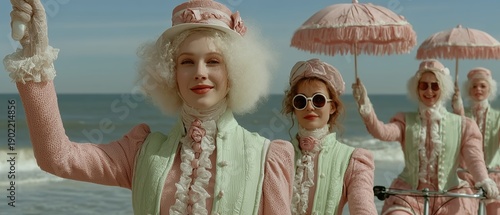 Pastel Vintage Costumes On Beach With Umbrellas: Group Of Friends In Pastel Couture