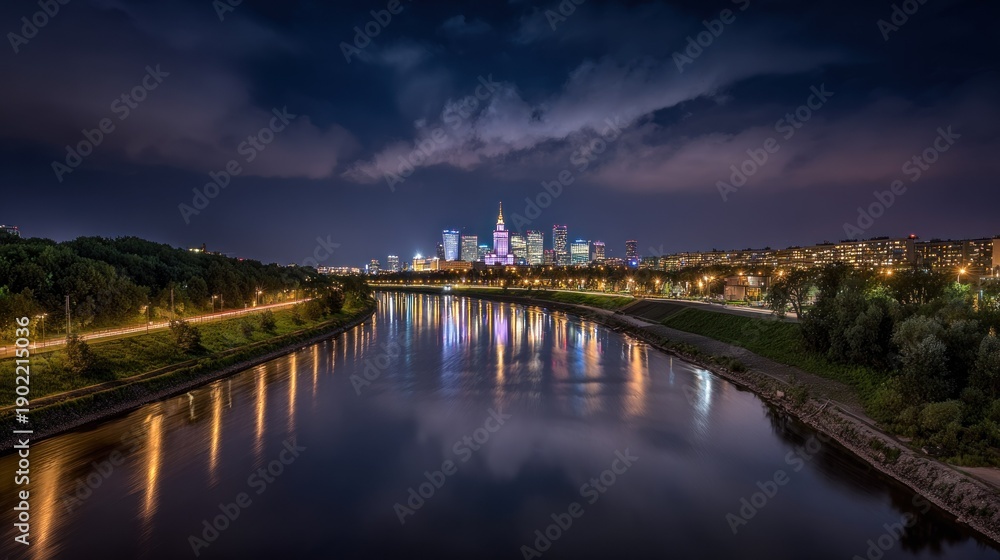 Fototapeta premium Nighttime cityscape with illuminated buildings reflecting in calm river water