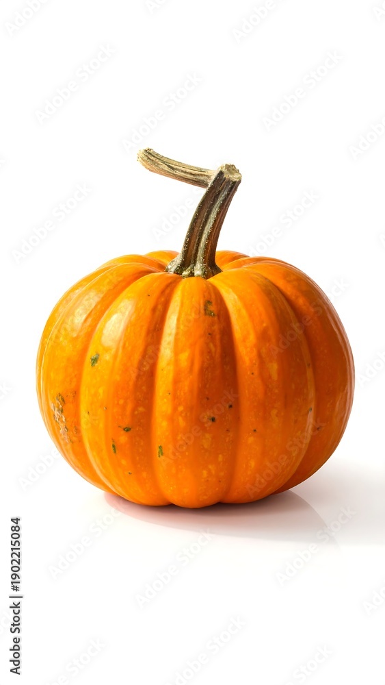 Obraz premium Vivid orange miniature gourd, solitary on a stark white backdrop, displaying textured skin and a curled stem