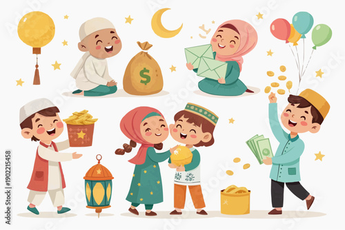 Children celebrating eid with money and gifts joyful kids in traditional attire