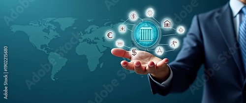 Business professional presents digital finance icons with a slow camera pan over a futuristic world map; ambient data streams animate in a sleek, cinematic style.