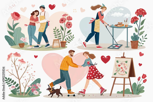 Vector illustration set of romantic carnival love scenes with couples and flowers