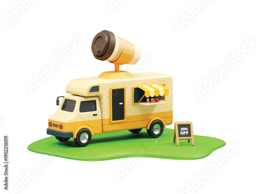 Coffee Food Truck with Discount Offer icon 3d rendering illustration