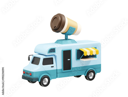Coffee Food Truck with Giant Cup Icon 3d rendering illustration