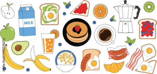Set of colorful breakfast doodles featuring pancakes eggs bacon toast milk coffee and fresh fruits isolated on grey background