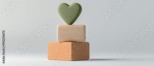 Green heart wooden block peach block minimalist balance soft light studio neutral background calm mood modern decor